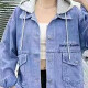Women's Casual Letter Embroidery Distressed Hooded Denim Jacket Light Blue Clothing Wholesale Market -LIUHUA
