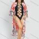 Wholesale Women's Floral Flamingo Print 3/4 Sleeve Midi Kimono Cardigan With Belt Red Clothing Wholesale Market Liuhua