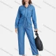 Wholesale Women's Plus Size Long Sleeve Plain Denim Jumpsuits With Belt Blue Clothing Wholesale Market Liuhua