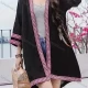 Wholesale Women's Linen 3/4 Sleeve Argyle Tribal Print Vintage Mid Length Cardigan Black Clothing Wholesale Market Liuhua