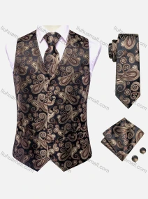 Wholesale Men's Formal Paisley Print Silky Waistcoat With Necktie & Kerchief & Cufflinks 4-piece Set, LIUHUA CLOTHING WHOLESALE