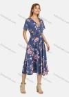 Wholesale Women's Casual V Neck Wrap Ruched Short Sleeve Floral Shirred Pockets Midi Dress 04# - Liuhuamall