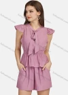 Wholesale Women's Casual Plain Tie Neck Peplum Shirred Top 2-piece Set 28528# - Liuhuamall