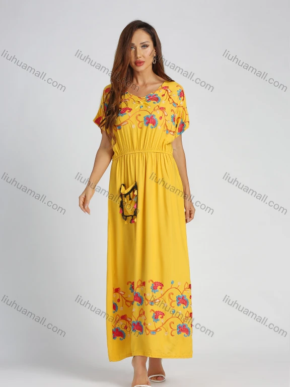 Wholesale Women's Batwing Sleeve Embroidered Peplum Maxi Dress With Pocket