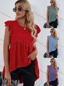 Wholesale Women's Plain Petal Crew Neck Ruffle Sleeve High Low Hem Tunic B1020X#, LIUHUA CLOTHING WHOLESALE