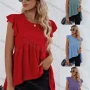 Wholesale Women's Plain Petal Crew Neck Ruffle Sleeve High Low Hem Tunic B1020X# preview
