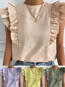 Wholesale Women's Fashion Round Neck Ruffle Sleeve Lace Up Plain Blouse LQX2688X#, LIUHUA CLOTHING WHOLESALE