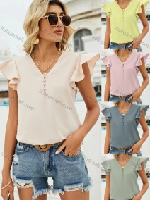 Wholesale Women's Causal V Neck Ruffle Sleeve Pearl Button Decor Plain Blouse LQ-A21395L#, LIUHUA CLOTHING WHOLESALE