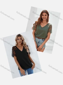 Wholesale Women's Casual V Neck Lace Sleeve Lace Plain Blouse LQ-B1015X#, LIUHUA CLOTHING WHOLESALE