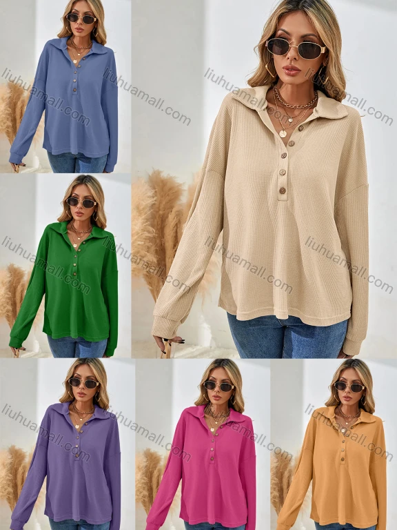 Wholesale Women's Casual Waffle Long Sleeve Collared Plain Pullover Sweatshirt LQ-X2578X#