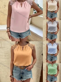 Wholesale Women's Casual Round Neck Cap Sleeve Hollow Out Plain Blouse A22007L#, LIUHUA CLOTHING WHOLESALE