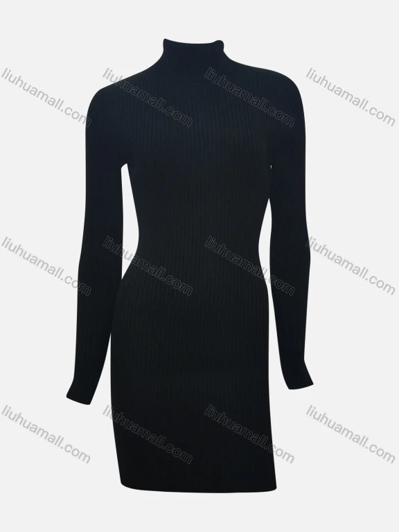 Wholesale Women's Casual Plain High Neck Ribbed High Waist Long Sleeve Short Dress