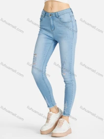 Wholesale Women's Casual Plain Ripped Frayed Raw Hem Pockets Skinny Fit Stretch Jean, LIUHUA CLOTHING WHOLESALE