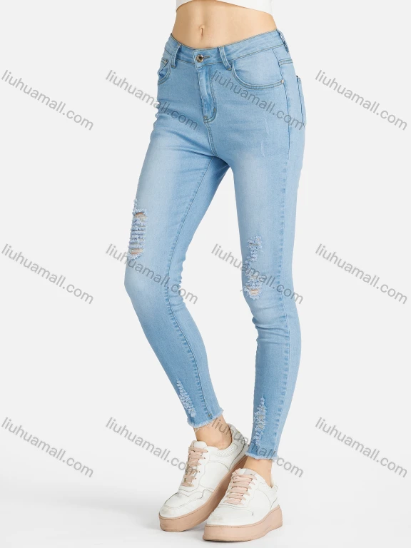 Wholesale Women's Casual Plain Ripped Frayed Raw Hem Pockets Skinny Fit Stretch Jean