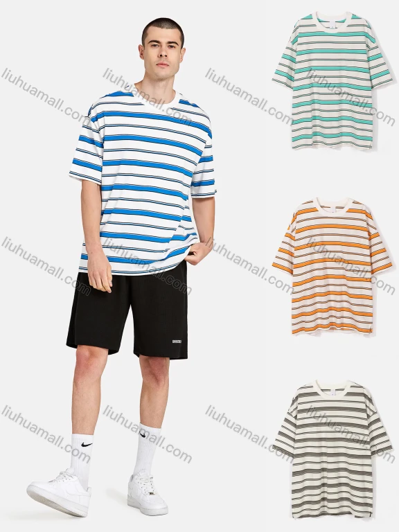 Wholesale Men's Loose Fit Drop Shoulder Comfort Crew Neck Short Sleeve Striped Casual T Shirt