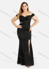 Wholesale Women's Elegant Plain Off Shoulder Zip Back Pleated Ruched Split Thigh Sheer Mesh Mermaid Evening Dress - Liuhuamall