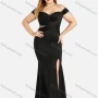 Wholesale Women's Elegant Plain Off Shoulder Zip Back Pleated Ruched Split Thigh Sheer Mesh Mermaid Evening Dress preview