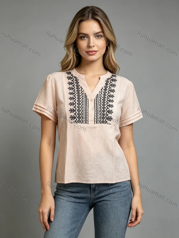 Wholesale Short-sleeve embroidered top, color-block, comfortable and casual, all-cotton, stylish, South American Argentine