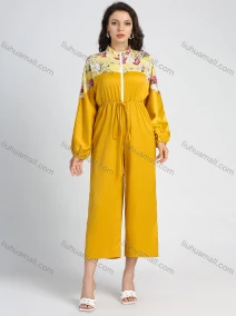 Wholesale Women's Fashion Floral Print Splicing Lantern Sleeve Zip Mock Neck Wide Leg Cropped Jumpsuit, LIUHUA CLOTHING WHOLESALE