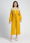 Wholesale Women's Fashion Floral Print Splicing Lantern Sleeve Zip Mock Neck Wide Leg Cropped Jumpsuit - Liuhuamall