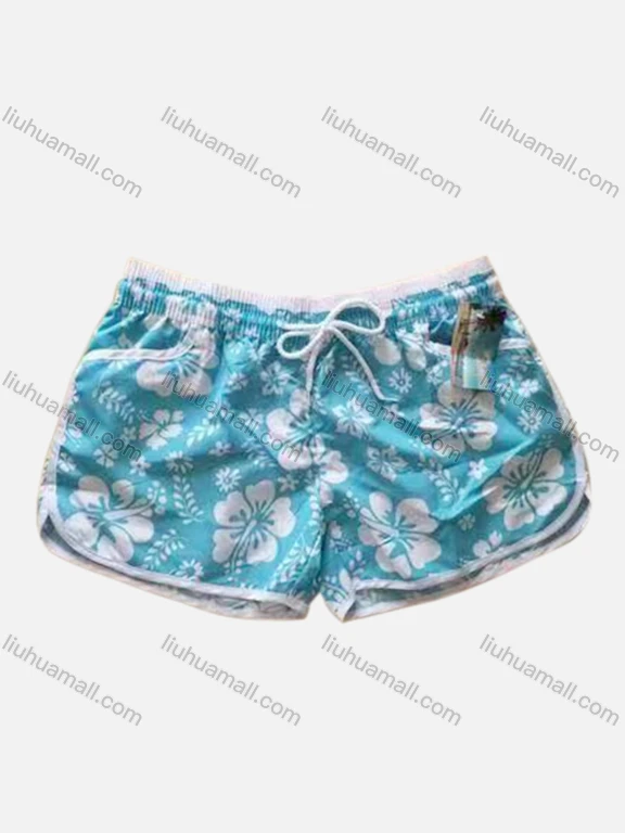 Wholesale Women's Vacation Contrast Floral Print Drawstring Beach Shorts