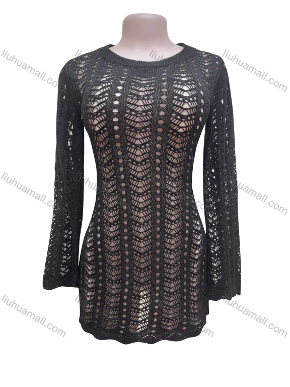 Wholesale Women's Vacation Plain Crew Neck Hollow Out Long Sleeve Cover Up Dress X106#