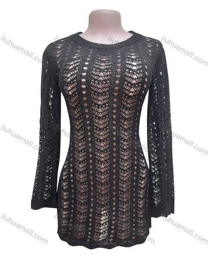 Wholesale Women's Vacation Plain Crew Neck Hollow Out Long Sleeve Cover Up Dress X106#