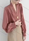 Wholesale Women's Casual Long Sleeve V Neck One Button Ruched Plain Shirts - Liuhuamall