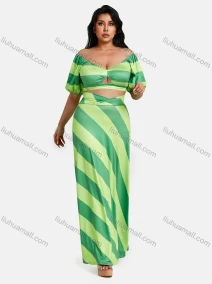 Wholesale Woman's Casual 2 Pieces Colorblock Off shoulder Short Sleeve Hollow Out Crop Top & Pencil Skirt Set, LIUHUA CLOTHING WHOLESALE