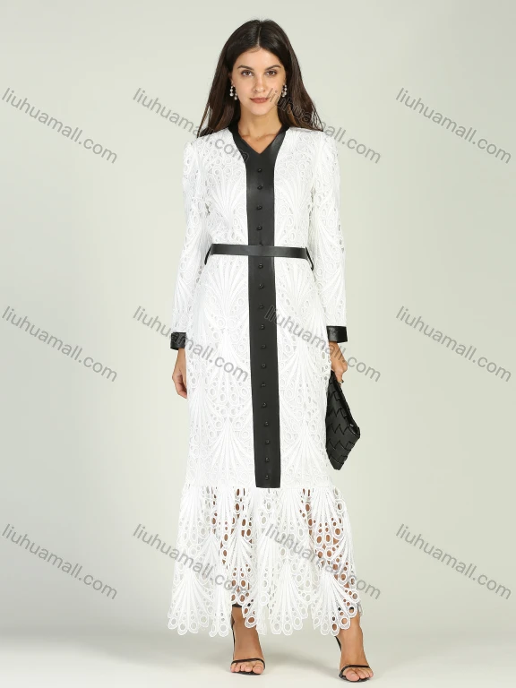 Wholesale Women's V Neck Guipure Lace Contrast Trim Maxi Dress