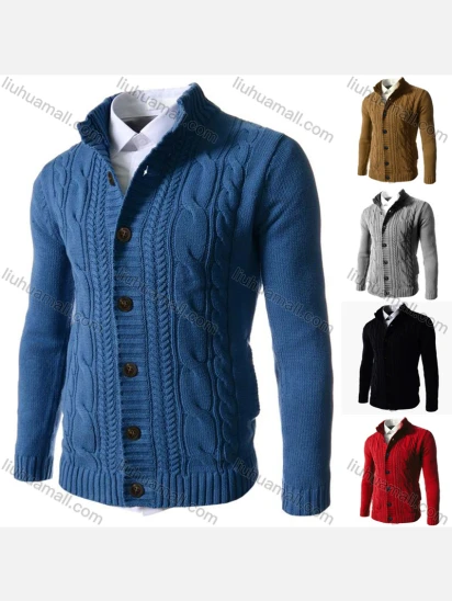 Wholesale Men's Casual Stand Collar Button Down Cable Knit Plain Jackets
