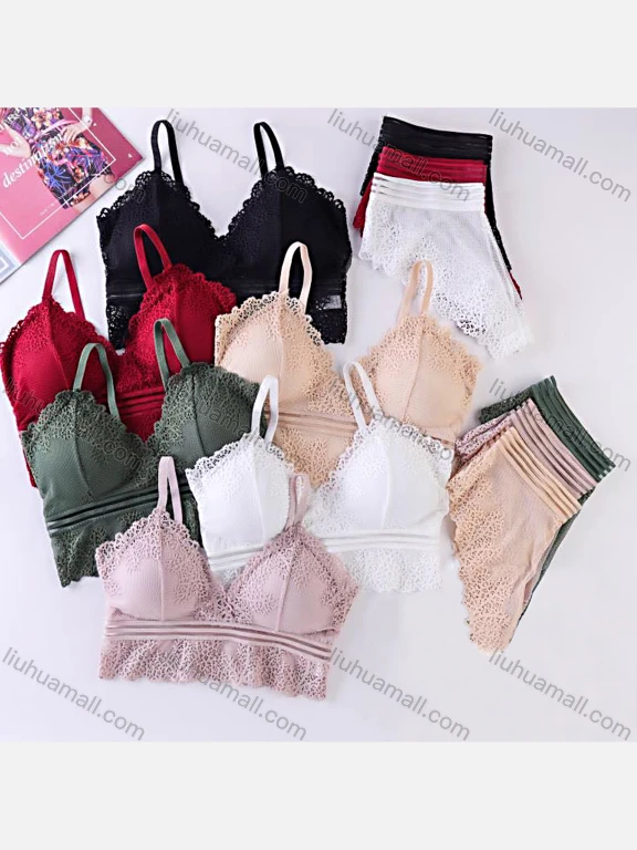 Wholesale Women's Plain Lace Trim Wire Free Comfortable Thin Cup Bra Pantie Lingerie Set