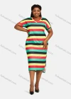 Wholesale Women's V Neck Multicolor Striped Side Slit Knee Length Dress 28071# - Liuhuamall