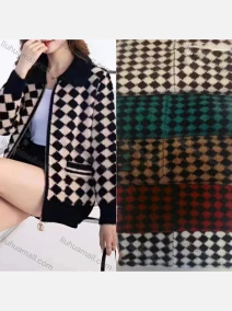 Wholesale Women's Casual Collared Long Sleeve Patch Pockets Argyle Print Zipper Fluffy Jacket, LIUHUA CLOTHING WHOLESALE