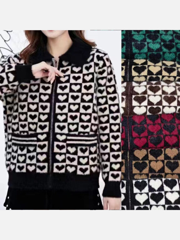 Women's Casual Collared Long Sleeve Checkerboard & Heart Print Zipper Fluffy Jacket, Clothing Wholesale Market -LIUHUA, 