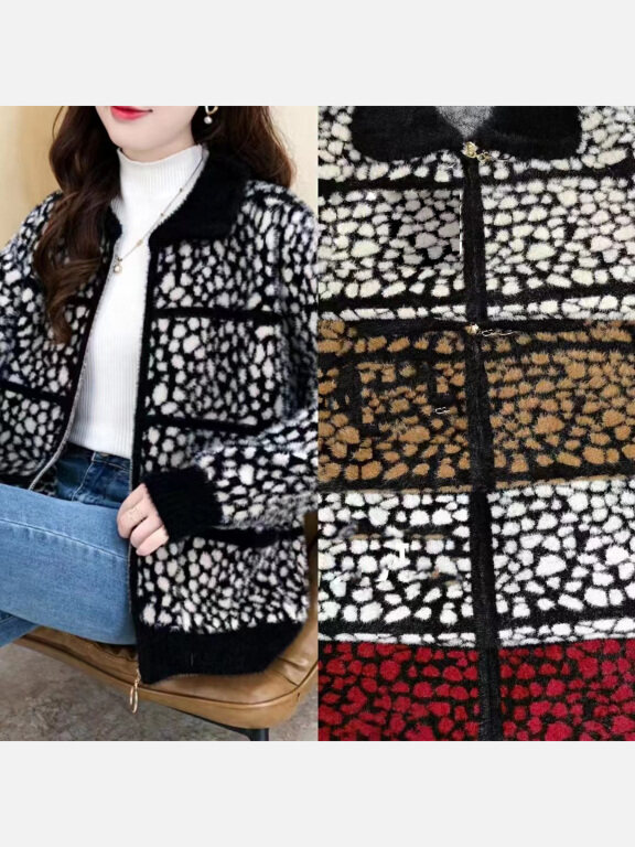 Women's Casual Collared Long Sleeve Allover Print Zipper Fluffy Jacket, Clothing Wholesale Market -LIUHUA, 