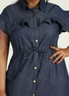 Wholesale Women's Casual Collared Short Ruffle Sleeve Button Down Belted Midi Denim Dress - Liuhuamall