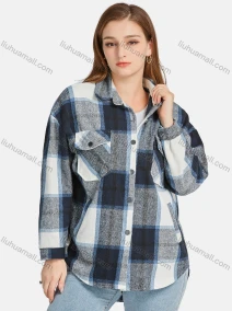 Wholesale Women's Casual 100%Cotton Collared Long Sleeve Button Down Plaid Overshirt Jackets, LIUHUA CLOTHING WHOLESALE