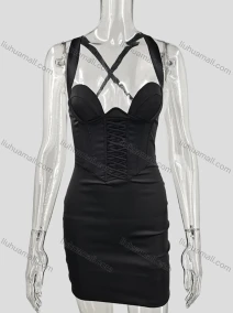 Wholesale Women's Sexy Plain Crisscros Back Lace Up Bodycon Nightclub Short Cami Dress, LIUHUA CLOTHING WHOLESALE