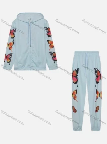 Wholesale Women's Casual Butterfly Print Long Sleeve Zipper Drawstring Hoodies & Drawstring Pants 2 Piece Set, LIUHUA CLOTHING WHOLESALE