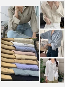 Wholesale Women's Collared Loose Fit Shirred Patch Pocket Plain Long Sleeve Shirt 6020#, LIUHUA CLOTHING WHOLESALE