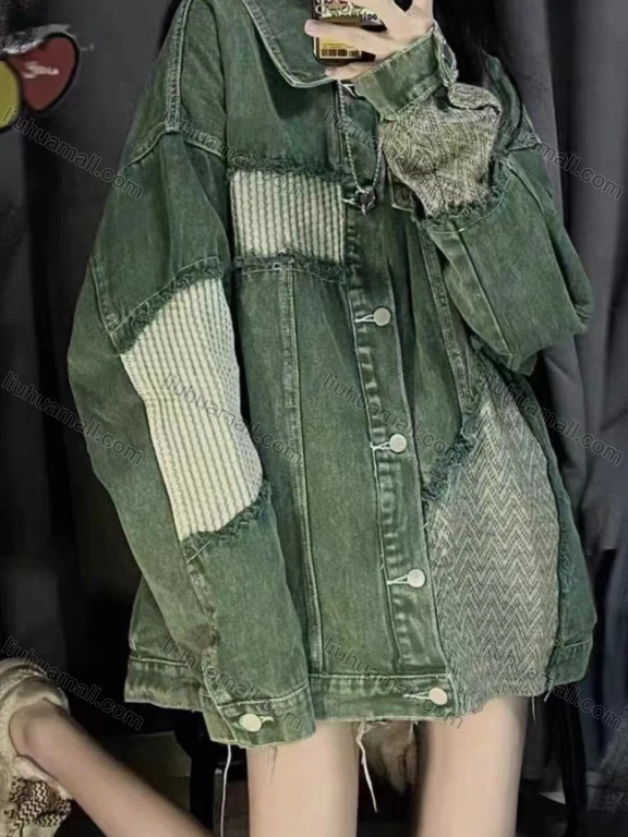 Wholesale Women's Loose Fit Stitching Frayed Raw Button Down Long Sleeve Denim Jacket