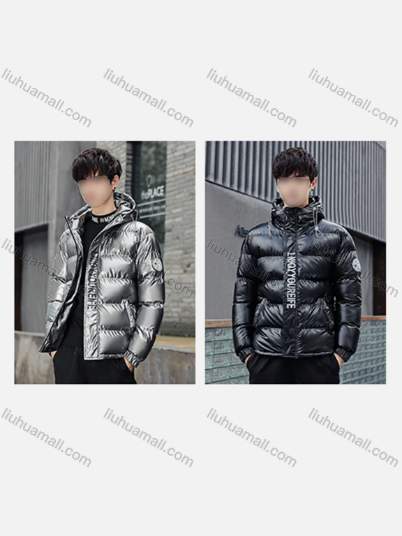 Wholesale Men's Casual Letter Hooded Patch Pocket Zip Up Shiny Cotton-Padded Puffer Jacket 9209#