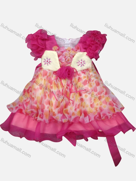 Wholesale Girls Lovely Floral Print Short Sleeve 3D Floral Rhinesthed Tiered Ruffle Trim Dress