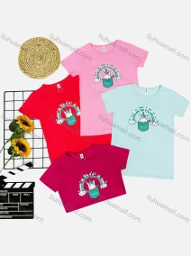 Wholesale Girl's Casual Cartoon Print Round Neck Short Sleeve Tee, LIUHUA CLOTHING WHOLESALE