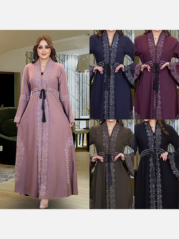 Women's Vintage Muslim Plain Rhinestone Split Front Trumpet Sleeve V Neck Drawstring Abaya Robe Dress, Clothing Wholesale Market -LIUHUA, SPECIALTY, Ethnic-Clothing