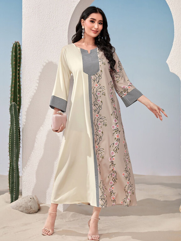 Women's Elegant Muslim Islamic Floral Plaid Patchwork 3/4 Sleeve Notched Neck Abaya Robe Dress, Clothing Wholesale Market -LIUHUA, 