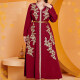 Women's Elegant Muslim Plus Size Floral Embroidery Long Sleeve V Neck Abaya Robe Dress With Rhinestone Decor Belt Wine Clothing Wholesale Market -LIUHUA