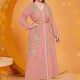 Women's Elegant Muslim Plus Size Floral Embroidery Long Sleeve V Neck Abaya Robe Dress With Rhinestone Decor Belt Pink Clothing Wholesale Market -LIUHUA
