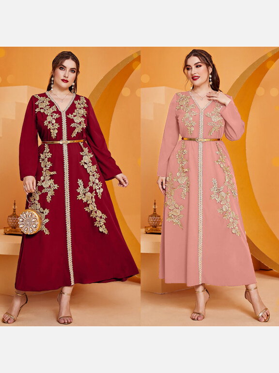 Women's Elegant Muslim Plus Size Floral Embroidery Long Sleeve V Neck Abaya Robe Dress With Rhinestone Decor Belt, Clothing Wholesale Market -LIUHUA, 